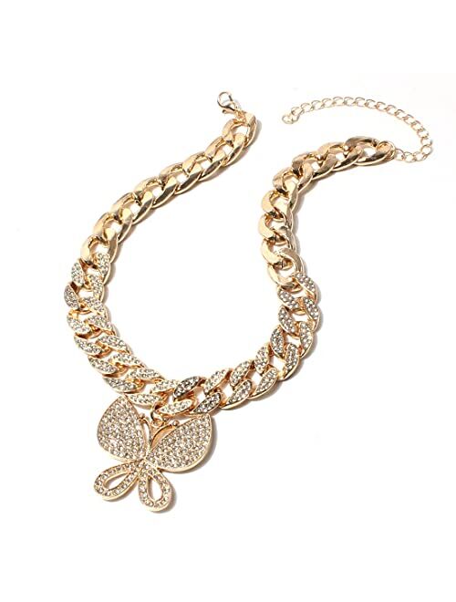 Hahagirl Statment Big Butterfly Pendant Necklace Rhinestone Chain for Women Girl Bling Bling Gold Silver Chain Shiny Crystal Choker Necklace Jewelry Gifts