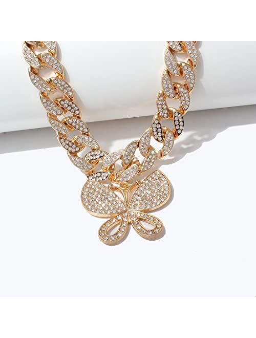 Hahagirl Statment Big Butterfly Pendant Necklace Rhinestone Chain for Women Girl Bling Bling Gold Silver Chain Shiny Crystal Choker Necklace Jewelry Gifts