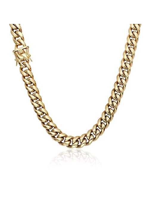 GOLD IDEA JEWELRY Hip Hop 14K Cuban Link Chain 5 Times Real Gold Plated Heavy Solid 8mm-18mm Miami Cuban Link Chain Stainless Steel Necklace/Bracelet for Men