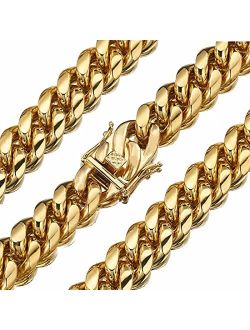 WXP 18K Gold Miami Cuban Link Chain Necklace or Bracelet for Men Women 6mm 8mm 10mm 12mm 14mm 18mm Stainless Steel Gold Chain Necklace Gift Hip Hop Jewelry 7.5-30inch