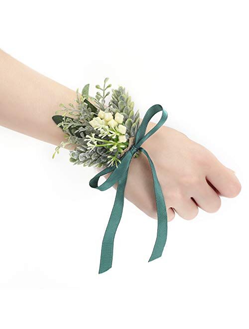 YSUCAU Wrist Corsage Bracelets with Ribbon Wristband Green Bridal Bridesmaid Wrist Corsage Hand Flower for Wedding Porm Party Decor Set of 2