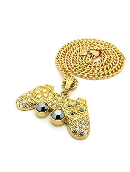 NYFASHION101 Iced Out Game Controller Micro Pendant with 5mm 24" Cuban Link Chain Necklace