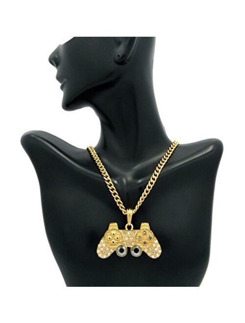 NYFASHION101 Iced Out Game Controller Micro Pendant with 5mm 24" Cuban Link Chain Necklace