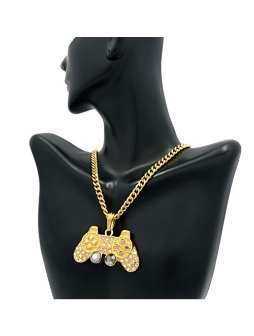 NYFASHION101 Iced Out Game Controller Micro Pendant with 5mm 24" Cuban Link Chain Necklace