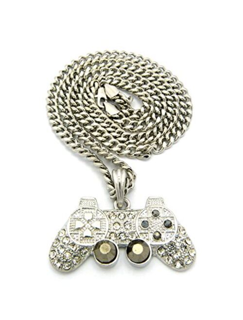 NYFASHION101 Iced Out Game Controller Micro Pendant with 5mm 24" Cuban Link Chain Necklace