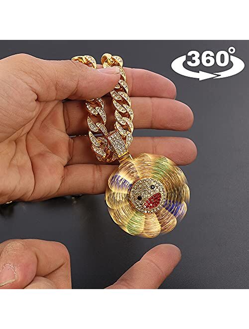 Feimeng Jewelry Rotatable Sunflower Pendant Cuban Chain Necklaces, Hip Hop 18K Gold Plated Sunflower Tag Charm Iced Out Crystal Necklaces for Women Men