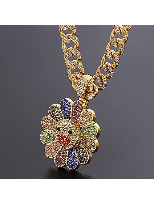 Feimeng Jewelry Rotatable Sunflower Pendant Cuban Chain Necklaces, Hip Hop 18K Gold Plated Sunflower Tag Charm Iced Out Crystal Necklaces for Women Men