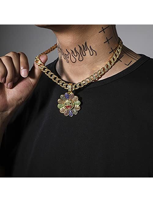 Feimeng Jewelry Rotatable Sunflower Pendant Cuban Chain Necklaces, Hip Hop 18K Gold Plated Sunflower Tag Charm Iced Out Crystal Necklaces for Women Men