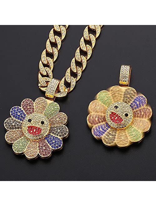 Feimeng Jewelry Rotatable Sunflower Pendant Cuban Chain Necklaces, Hip Hop 18K Gold Plated Sunflower Tag Charm Iced Out Crystal Necklaces for Women Men