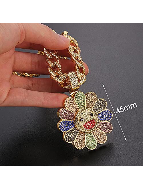 Feimeng Jewelry Rotatable Sunflower Pendant Cuban Chain Necklaces, Hip Hop 18K Gold Plated Sunflower Tag Charm Iced Out Crystal Necklaces for Women Men