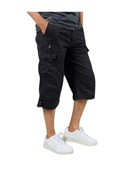 FASKUNOIE Men's 3/4 Capri Cargo Pants Below Knee Cotton Cropped 15" Inseam Hiking Short Pants with 7 Pockets