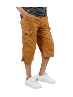 FASKUNOIE Men's 3/4 Capri Cargo Pants Below Knee Cotton Cropped 15" Inseam Hiking Short Pants with 7 Pockets