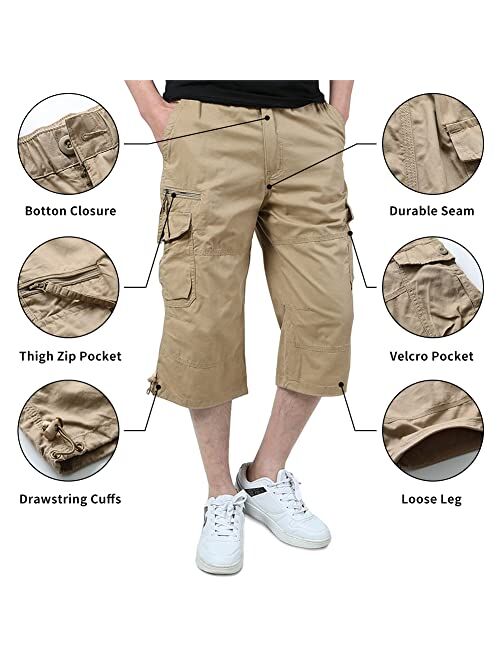 FASKUNOIE Men's 3/4 Capri Cargo Pants Below Knee Cotton Cropped 15" Inseam Hiking Short Pants with 7 Pockets