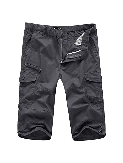 FASKUNOIE Men's 3/4 Capri Cargo Pants Below Knee Cotton Cropped 15" Inseam Hiking Short Pants with 7 Pockets