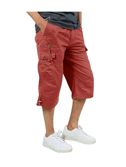 FASKUNOIE Men's 3/4 Capri Cargo Pants Below Knee Cotton Cropped 15" Inseam Hiking Short Pants with 7 Pockets