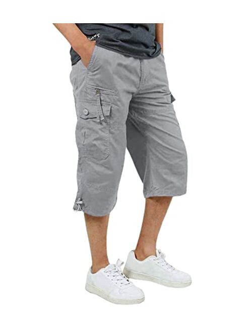 FASKUNOIE Men's 3/4 Capri Cargo Pants Below Knee Cotton Cropped 15" Inseam Hiking Short Pants with 7 Pockets