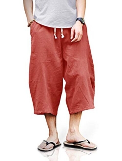 TOTNMC Men's Baggy Linen Capri Pants Casual Yoga Patchowork Beach Pants with Drawstring