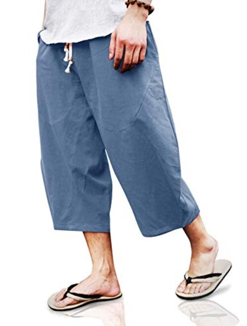 TOTNMC Men's Baggy Linen Capri Pants Casual Yoga Patchowork Beach Pants with Drawstring