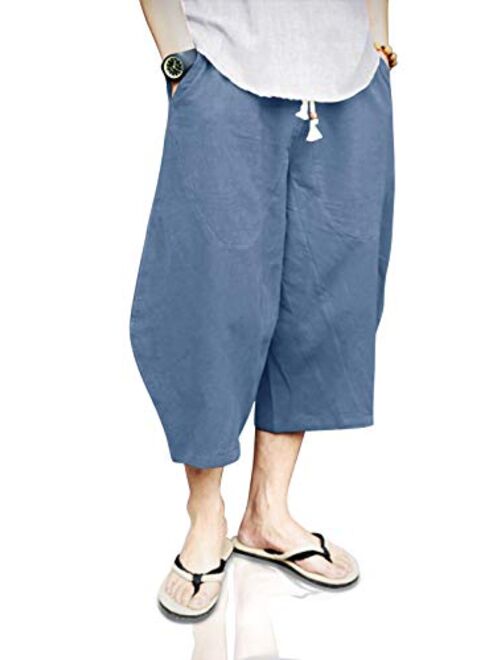 TOTNMC Men's Baggy Linen Capri Pants Casual Yoga Patchowork Beach Pants with Drawstring