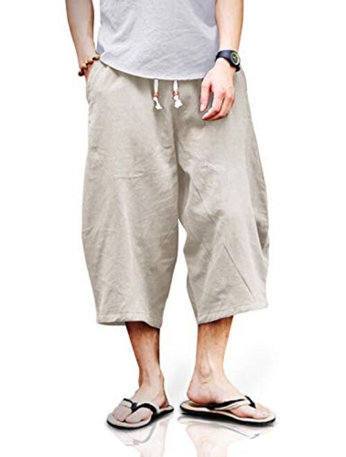 TOTNMC Men's Baggy Linen Capri Pants Casual Yoga Patchowork Beach Pants with Drawstring