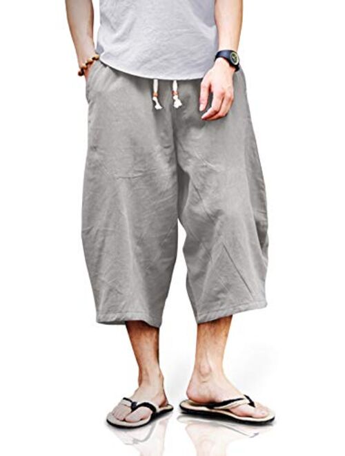 TOTNMC Men's Baggy Linen Capri Pants Casual Yoga Patchowork Beach Pants with Drawstring