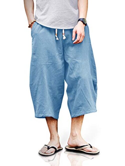 TOTNMC Men's Baggy Linen Capri Pants Casual Yoga Patchowork Beach Pants with Drawstring