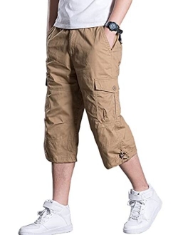 LAVIQK Men's Cargo Shorts Casual Twill Elastic Below Knee Loose Fit Capri Pants Long Shorts