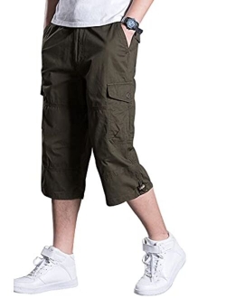 LAVIQK Men's Cargo Shorts Casual Twill Elastic Below Knee Loose Fit Capri Pants Long Shorts