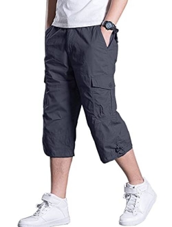 LAVIQK Men's Cargo Shorts Casual Twill Elastic Below Knee Loose Fit Capri Pants Long Shorts