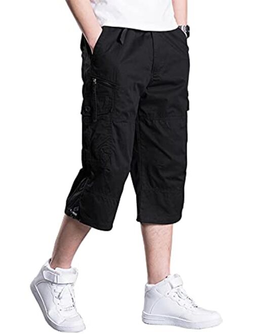 LAVIQK Men's Cargo Shorts Casual Twill Elastic Below Knee Loose Fit Capri Pants Long Shorts