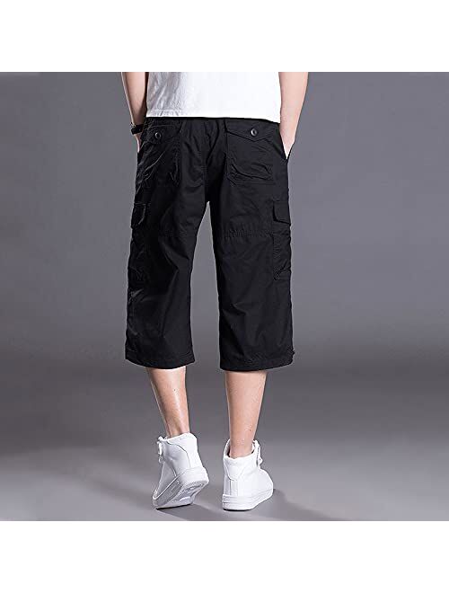 LAVIQK Men's Cargo Shorts Casual Twill Elastic Below Knee Loose Fit Capri Pants Long Shorts