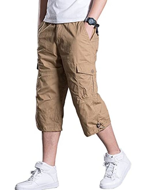 LAVIQK Men's Cargo Shorts Casual Twill Elastic Below Knee Loose Fit Capri Pants Long Shorts