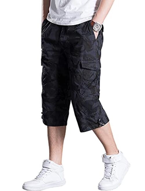 LAVIQK Men's Cargo Shorts Casual Twill Elastic Below Knee Loose Fit Capri Pants Long Shorts