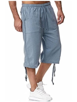 HangNiFang Men's Long Linen Shorts Below Knee Pocketed 3/4 Summer Drawstring Capri Pant