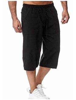 HangNiFang Men's Long Linen Shorts Below Knee Pocketed 3/4 Summer Drawstring Capri Pant