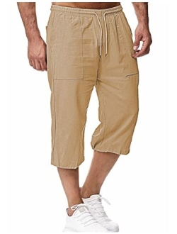 HangNiFang Men's Long Linen Shorts Below Knee Pocketed 3/4 Summer Drawstring Capri Pant