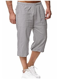 HangNiFang Men's Long Linen Shorts Below Knee Pocketed 3/4 Summer Drawstring Capri Pant