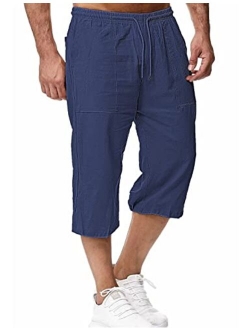 HangNiFang Men's Long Linen Shorts Below Knee Pocketed 3/4 Summer Drawstring Capri Pant