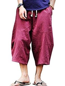 Wohthops Men's Casual Pants Breathable Summer Beach Shorts Linen Cotton 3/4 Pants with Pockets