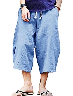 Wohthops Men's Casual Pants Breathable Summer Beach Shorts Linen Cotton 3/4 Pants with Pockets