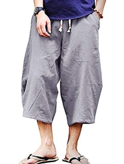 Wohthops Men's Casual Pants Breathable Summer Beach Shorts Linen Cotton 3/4 Pants with Pockets