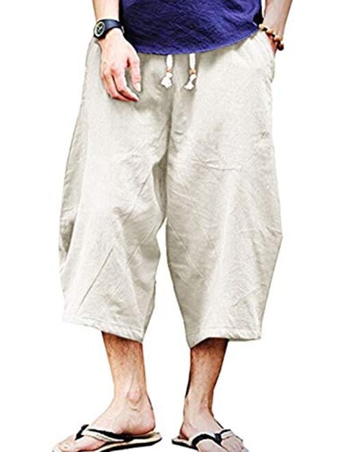 Wohthops Men's Casual Pants Breathable Summer Beach Shorts Linen Cotton 3/4 Pants with Pockets