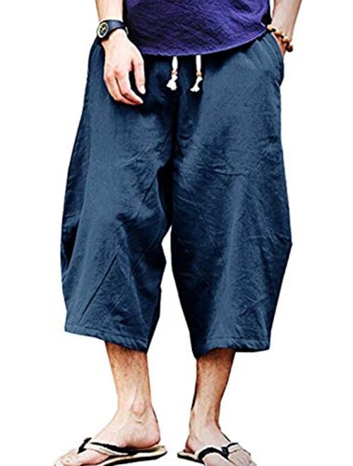 Wohthops Men's Casual Pants Breathable Summer Beach Shorts Linen Cotton 3/4 Pants with Pockets