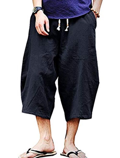 Wohthops Men's Casual Pants Breathable Summer Beach Shorts Linen Cotton 3/4 Pants with Pockets