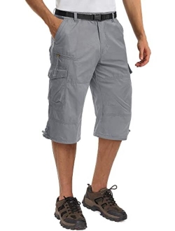 TACVASEN Men's Casual Pants Cotton Elastics Below Knee 3/4 Long Cargo Carpi Shorts with 7 Pockets (No Belt)