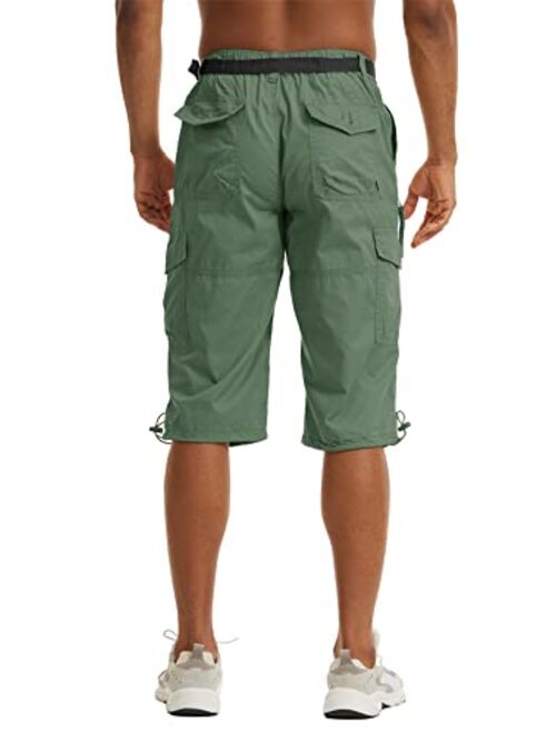 TACVASEN Men's Casual Pants Cotton Elastics Below Knee 3/4 Long Cargo Carpi Shorts with 7 Pockets (No Belt)