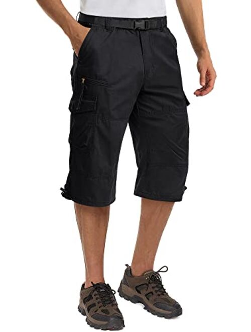 TACVASEN Men's Casual Pants Cotton Elastics Below Knee 3/4 Long Cargo Carpi Shorts with 7 Pockets (No Belt)