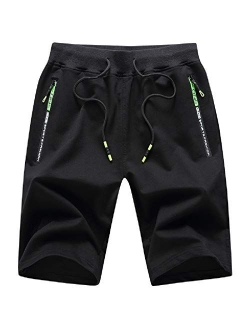 JustSun Mens Shorts Casual Workout Shorts with Elastic Waist Zipper Pockets