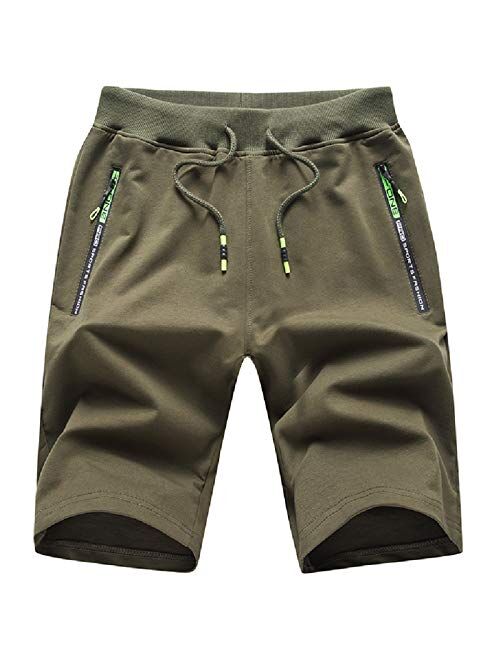 JustSun Mens Shorts Casual Workout Shorts with Elastic Waist Zipper Pockets