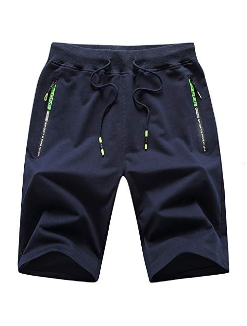 JustSun Mens Shorts Casual Workout Shorts with Elastic Waist Zipper Pockets